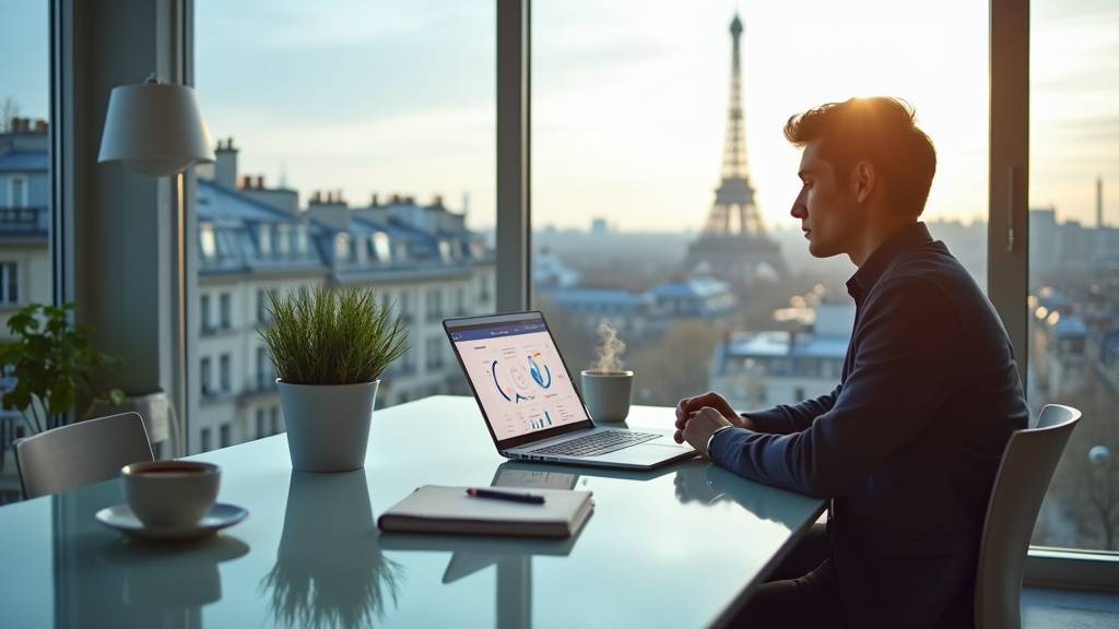 Jeunes professionnels en marketing digital travaillant sur des ordinateurs portables dans un espace de coworking moderne à Paris