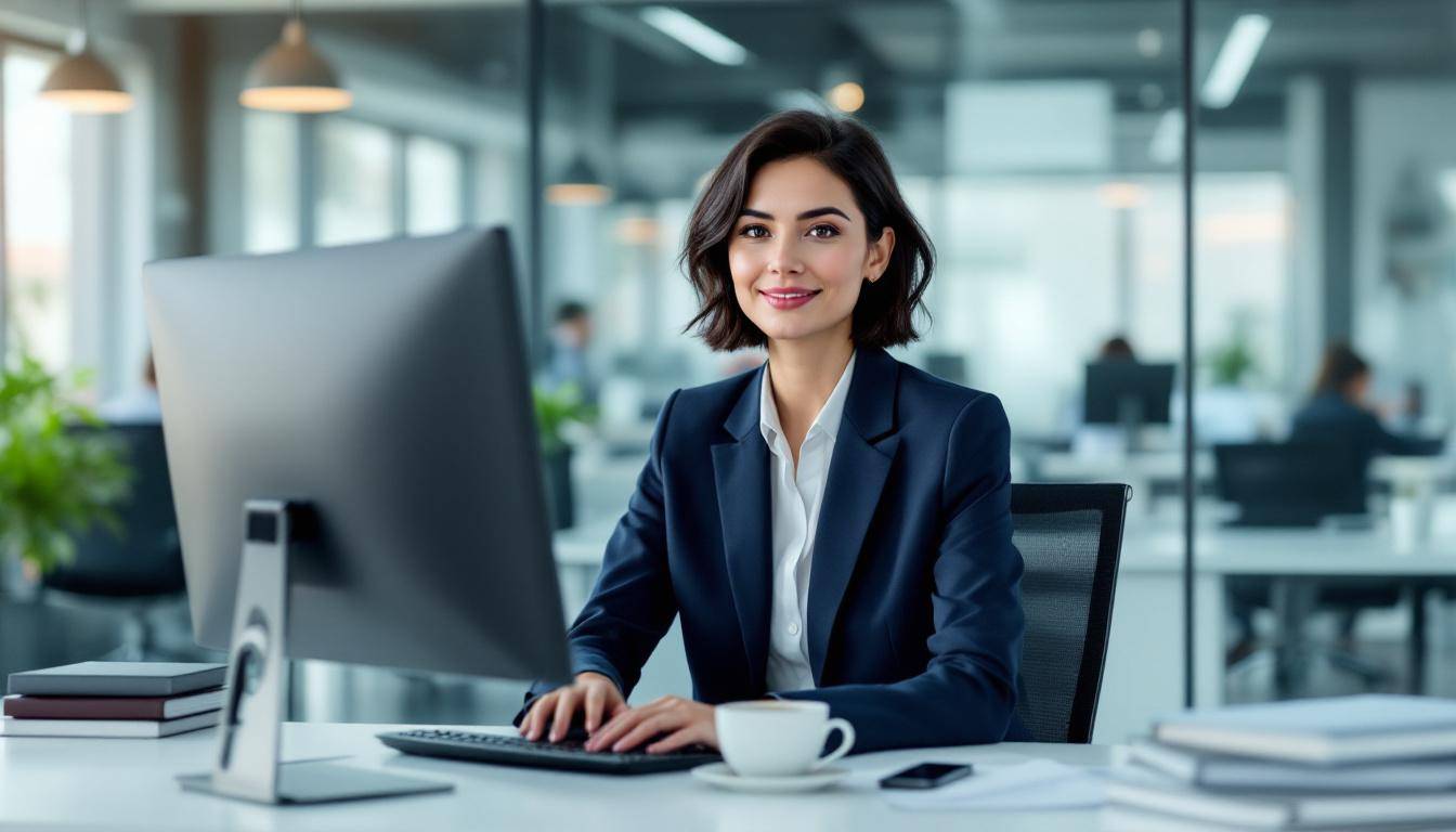 Assistante administrative travaillant sur ordinateur en bureau moderne