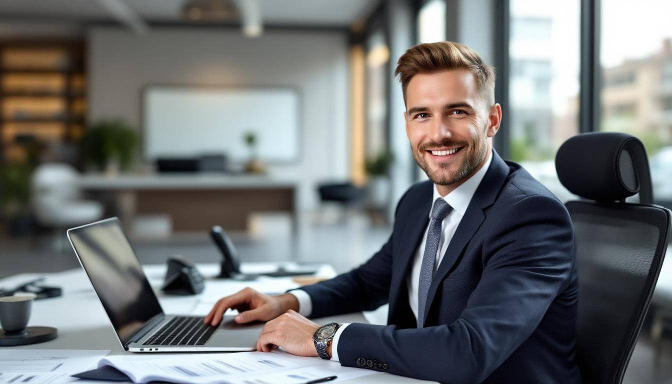 Gestionnaire référent dans son bureau avec ordinateur et dossiers clients