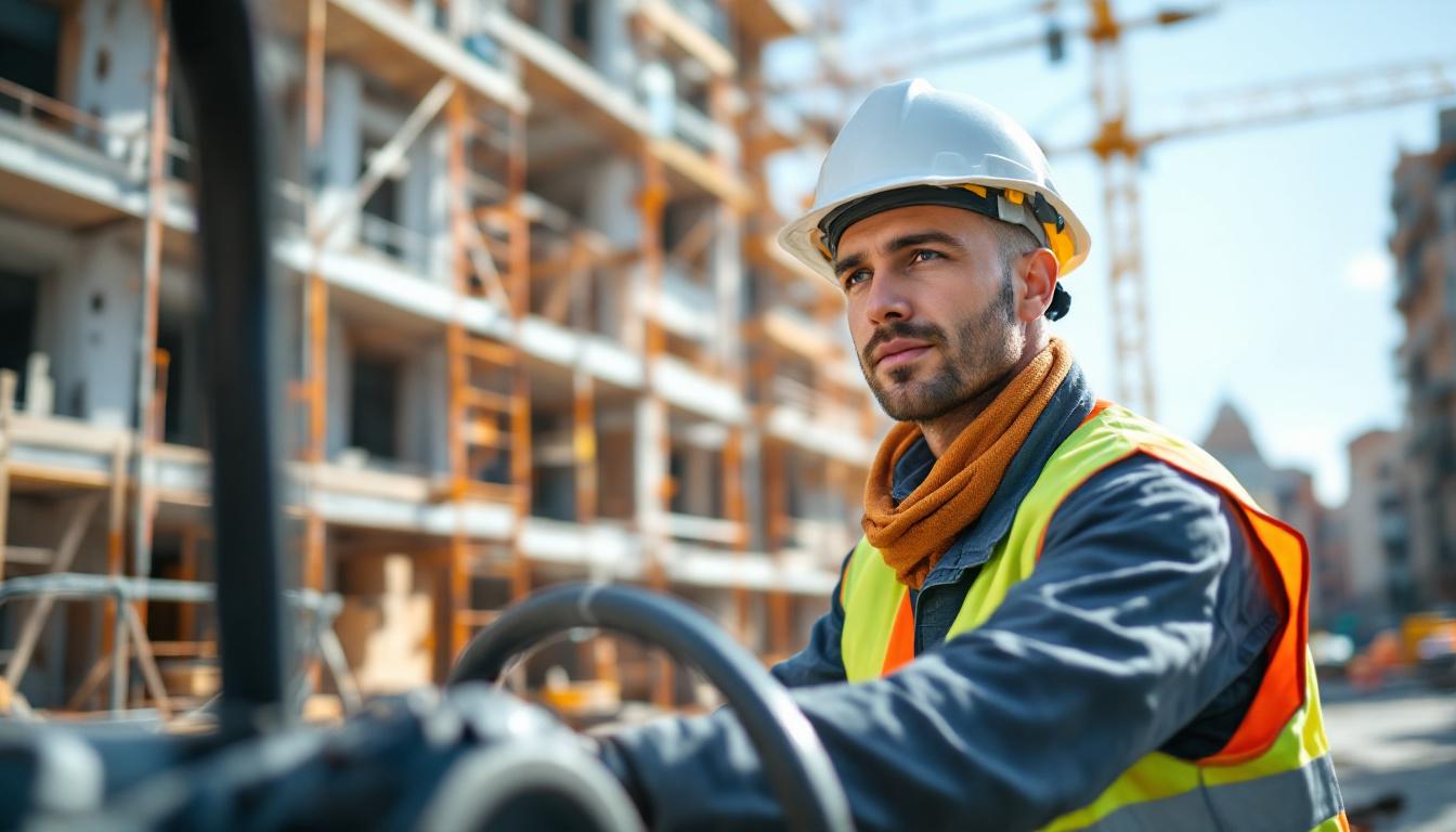 Grutier au travail sur chantier de construction