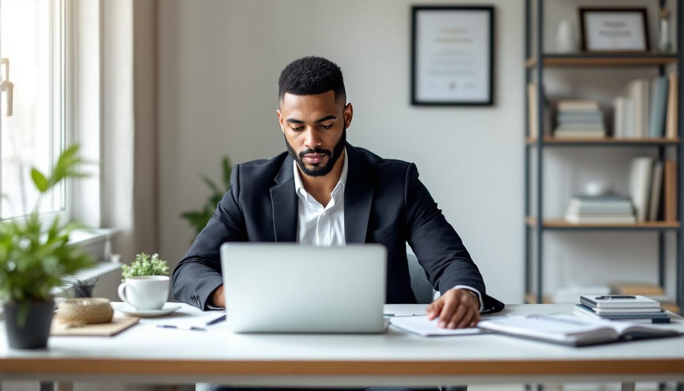 Professionnel réfléchissant à son évolution de carrière avec documents de bilan de compétences