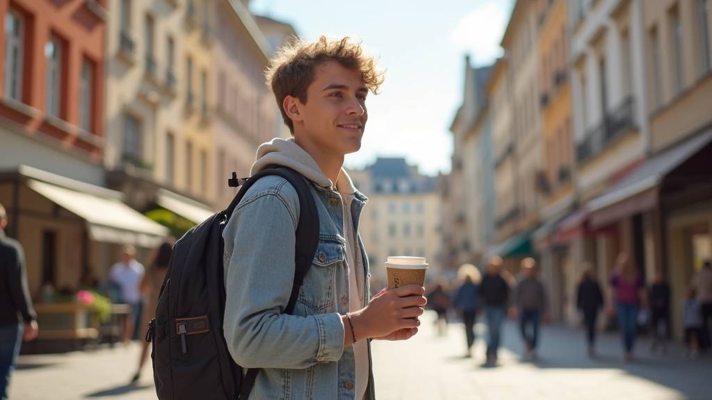 Etudiant travaillant dans un cafe a Lyon avec vue sur la ville