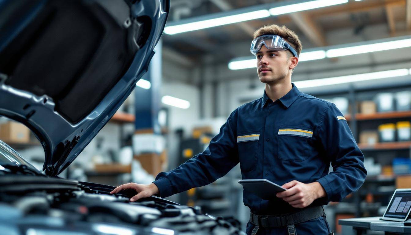 Apprenti mécanicien travaillant sur un moteur dans un garage moderne