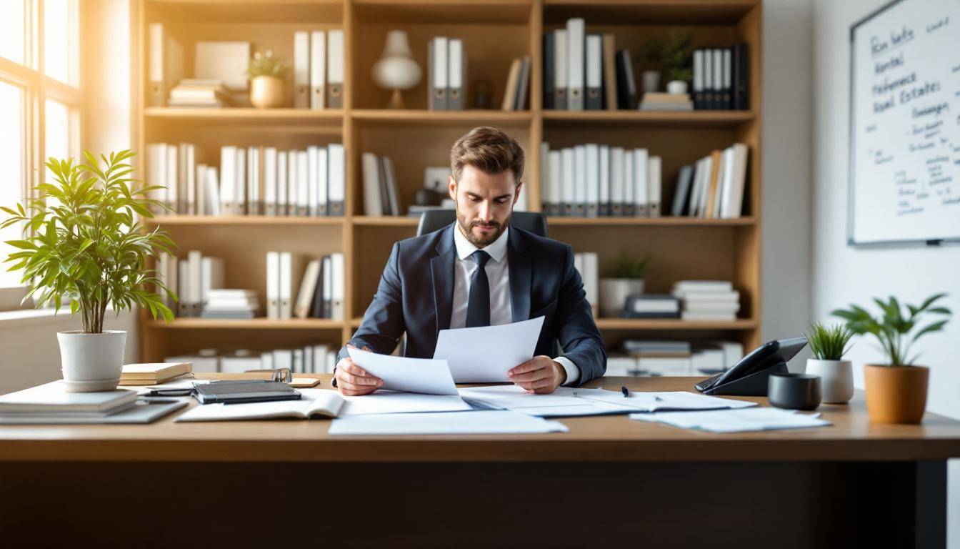 Gestionnaire référent de location travaillant dans son bureau avec documents immobiliers