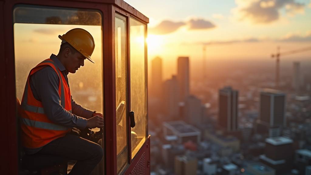 Grutier aux commandes d une grue a tour sur chantier BTP