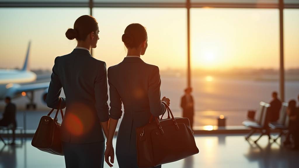 Hotesse de l air et steward en uniforme devant un avion