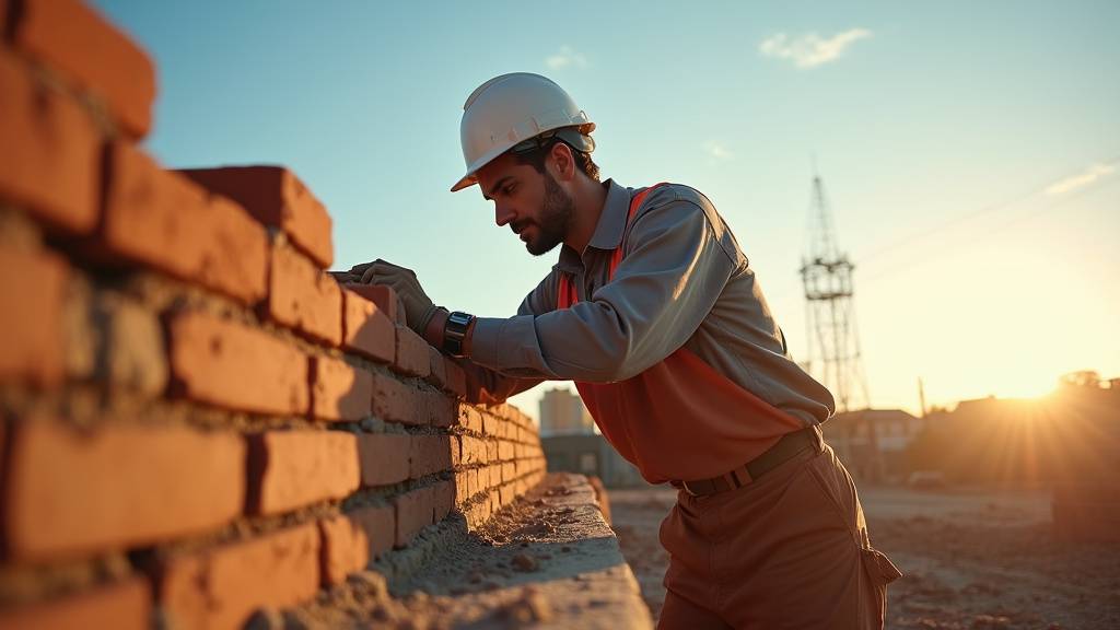 Macon montant un mur de parpaings sur chantier